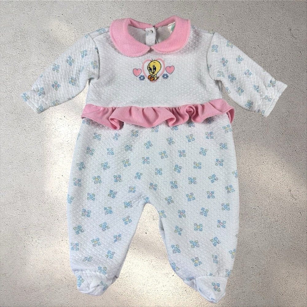 Vintage 90s Baby Looney Tunes Tweety Bird Pajamas Sleeper Footie Sz 6-9 Months